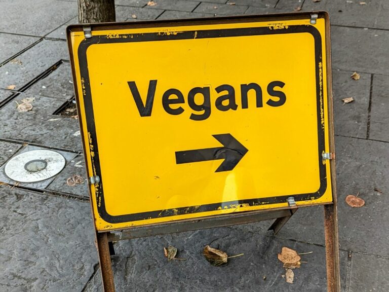 a yellow street sign that says vegans with an arrow pointing to the right