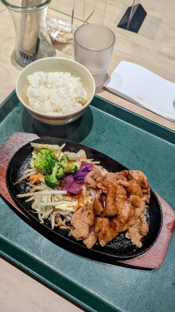 a small black skillet with golden soy meat with mixed veggies and a small bowl of rice at vegan bistro jangara in tokyo