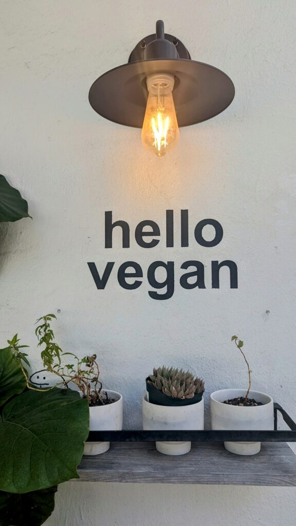 a black sign that says hello vegan on a white wall under a single hanging light outside of a vegan bakery in osaka