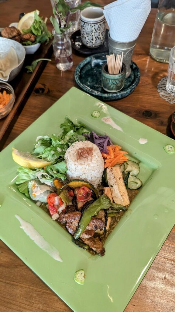 a green rectangle dish with colorful veggies and soy meat at padma in kyoto