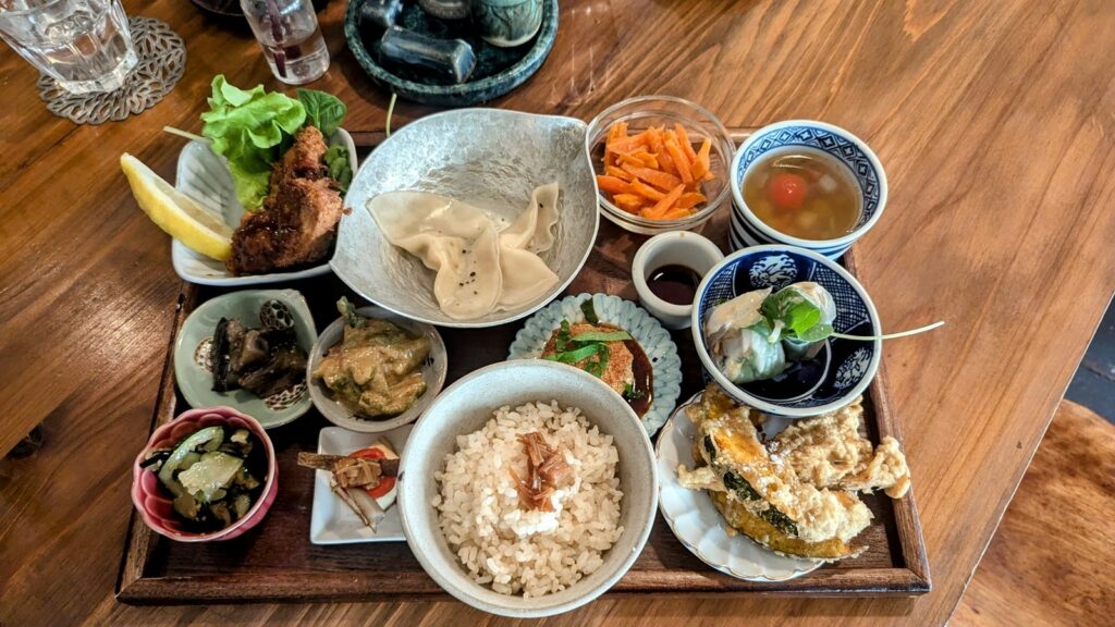 giant vegan platter filled with little dishes of rice, pickled veggies, soy meat, soup, and more at padma in kyoto