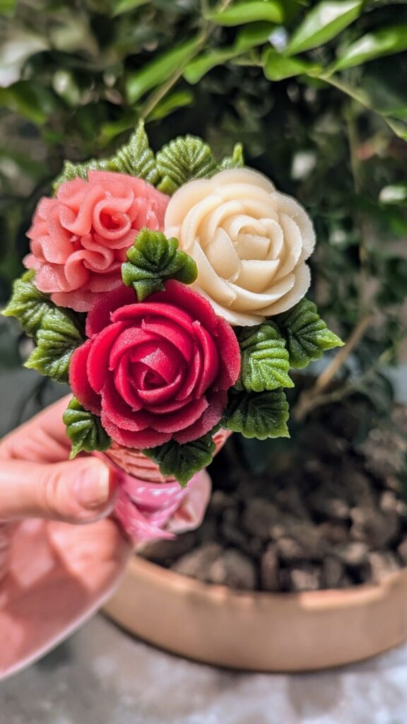 the top of a pink and white vegan ice cream floral bouquet at thisis nature in kyoto