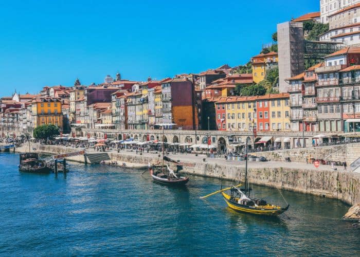 seaside view of boats in the harbor and the shopping promenade in porto