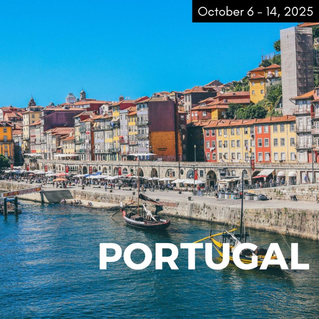 promo image for a vegan tour to portugal in 2025 that shows the seaside town of porto