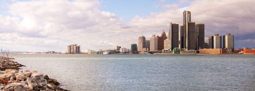 detroit skyline taken from across the detroit river on belle isle