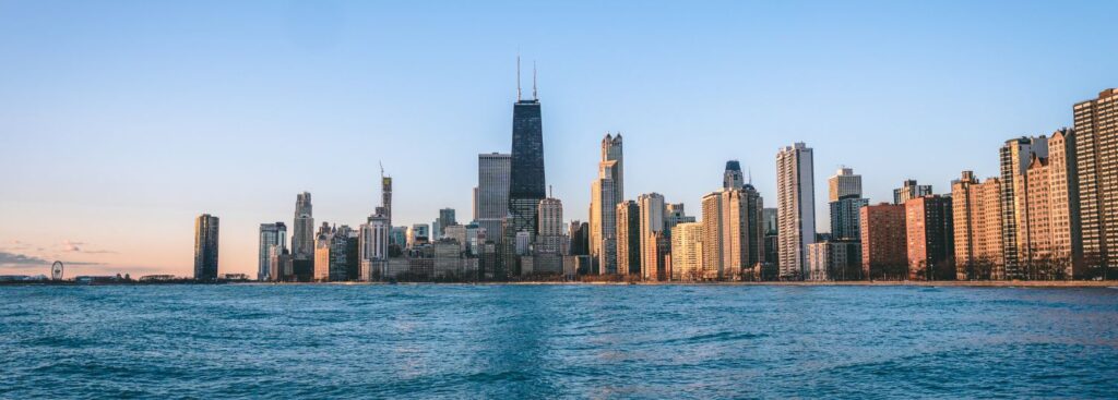 the chicago skyline in the morning taken from on the water on lake michigan