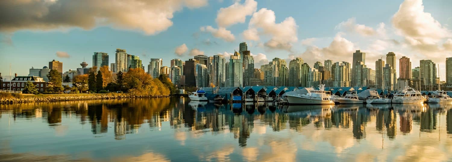 vancouver skyline from across the harbor at dusk