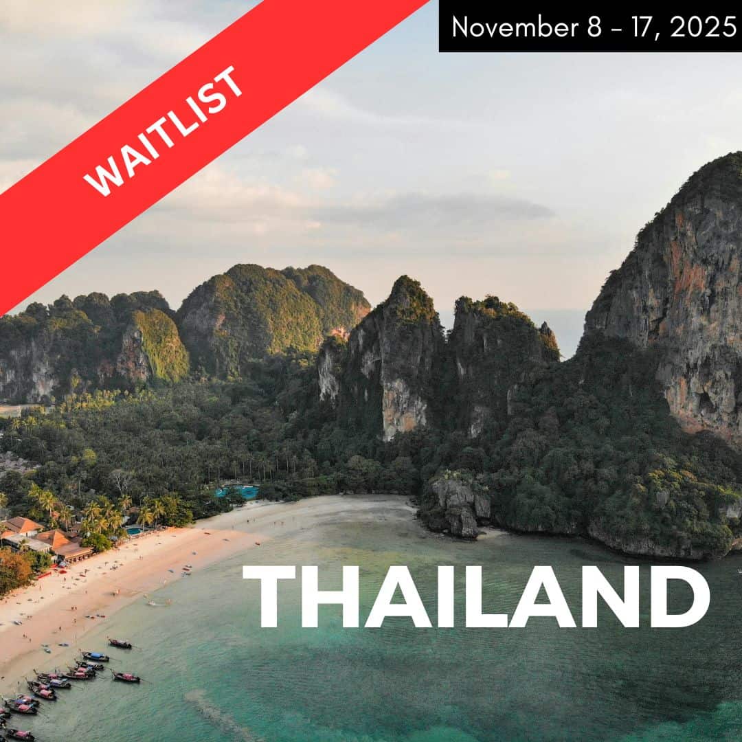 marketing image of thailand promoting a vegan tour with a red banner that says waitlist