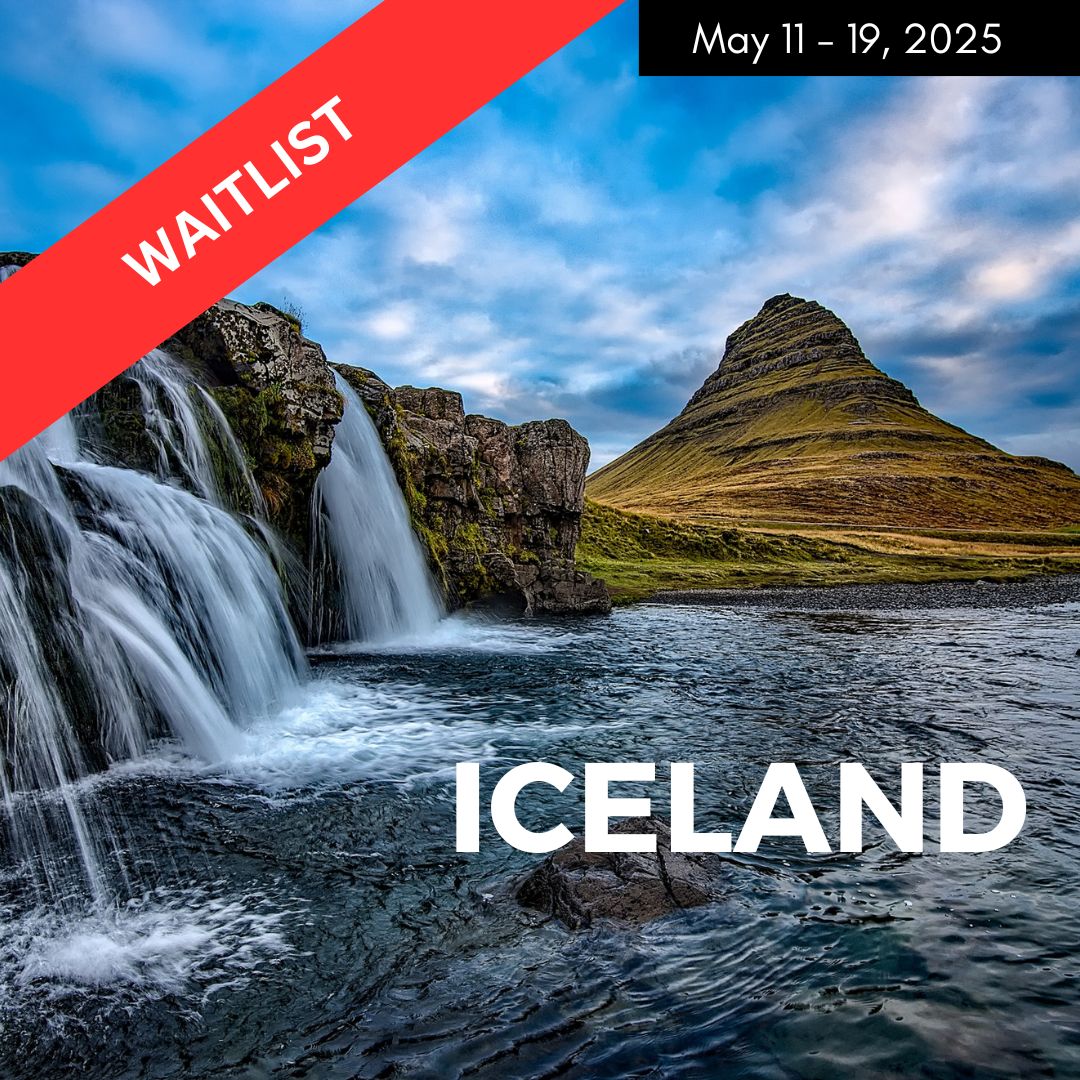 a small round mountain next to cascading waterfalls on the Snæfellsnes peninsula for a promo of a vegan ring road tour through iceland