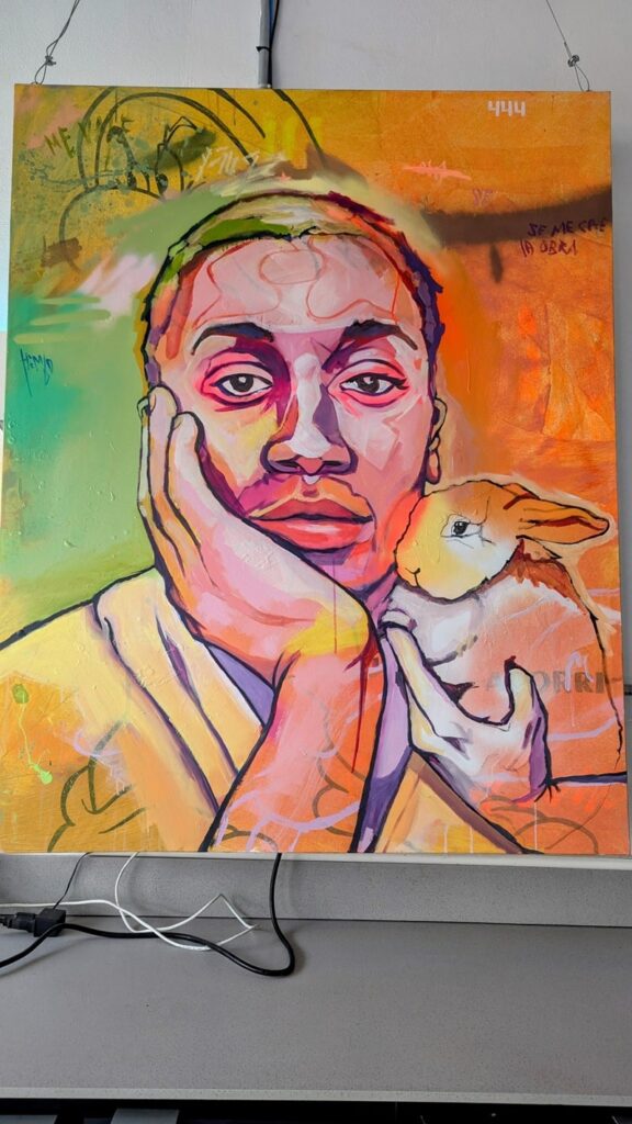 bright and colorful painting of a puerto rican man holding a small white bunny at 100% HP in san juan