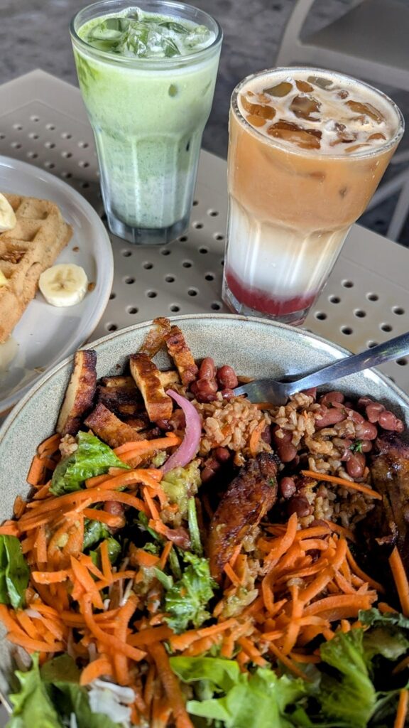 a bowl with colorful veggies like lettuce, carrots, and avocado in front of a green iced matcha with oatmilk and a layered coffee drink with a layer of pink strawberry, oatmilk, and coffee at berlingeri in san juan, puerto rico