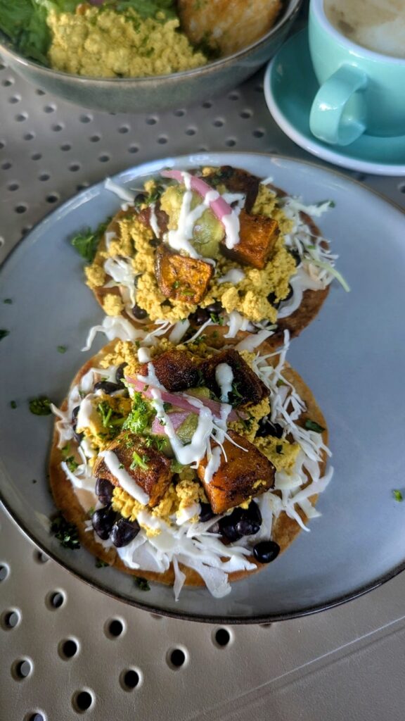 upclose shot of two vegan pumpkin tostadas at berlingeri in san juan