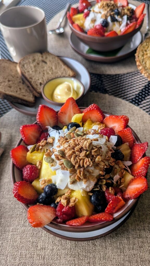 giant bowl of fresh fruit with cashew yogurt and granola at casa grande mountain retreat in puerto rico