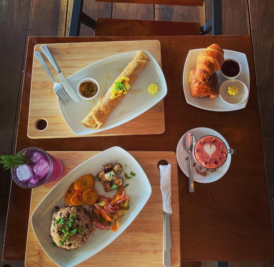 overhead shot of multiple vegan dishes and a pink latte on a wood table at grow puerto viejo