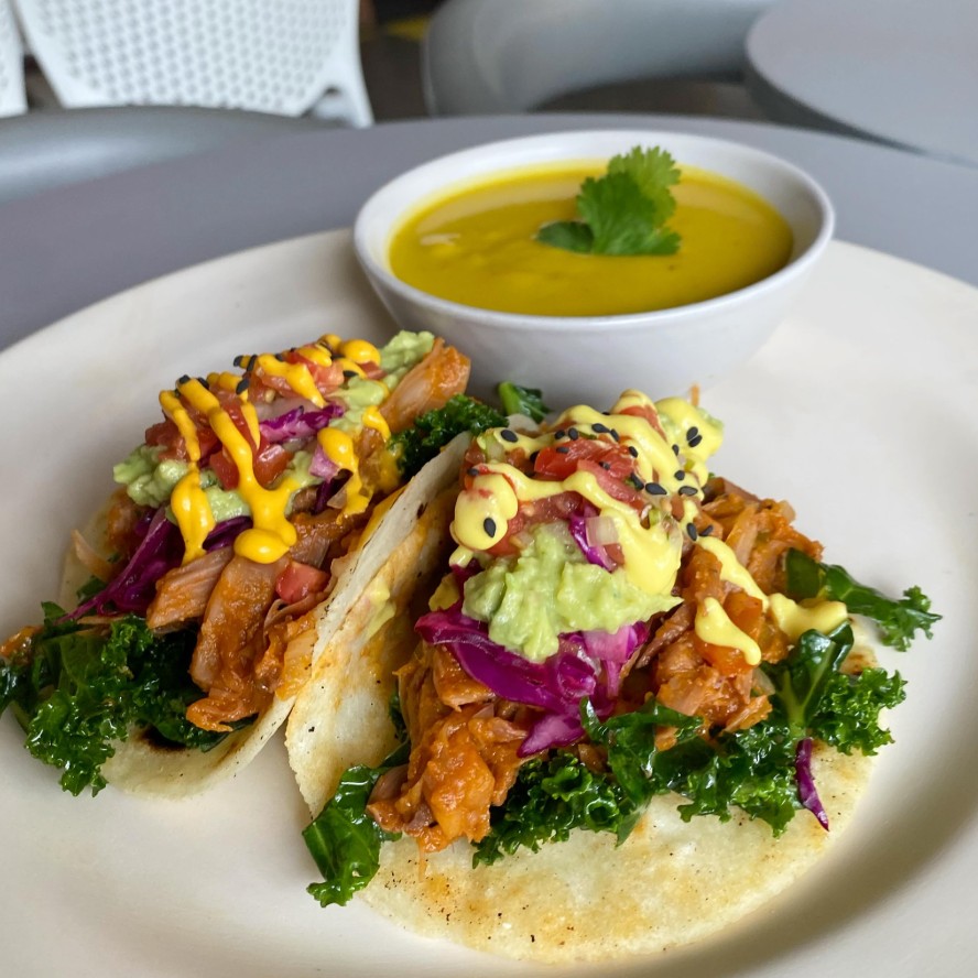 two vegan pulled jackfruit tacos at huacamole in costa rica