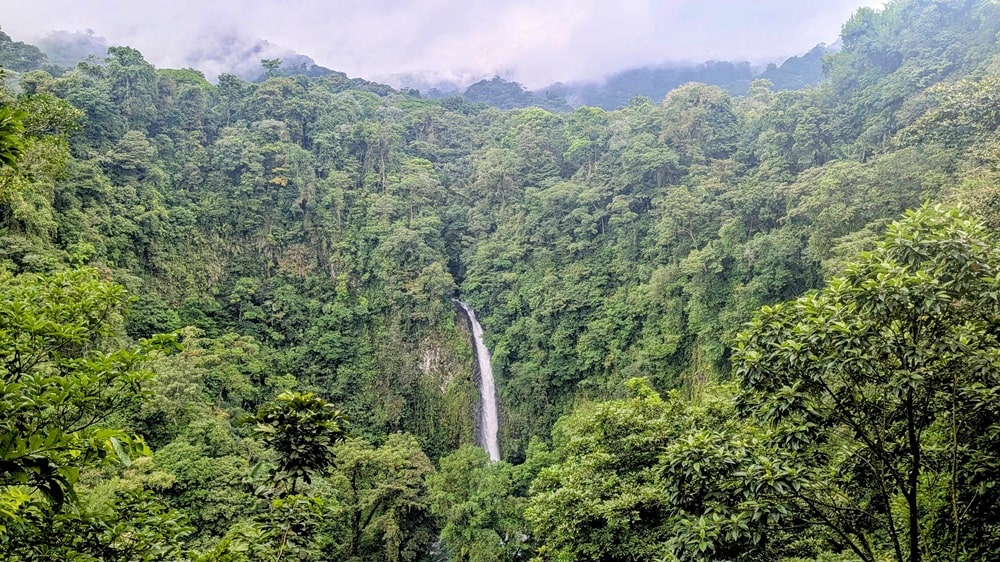 overhead view on a cloudy day of the la fortuna waterfall peeking out from the lush jungle