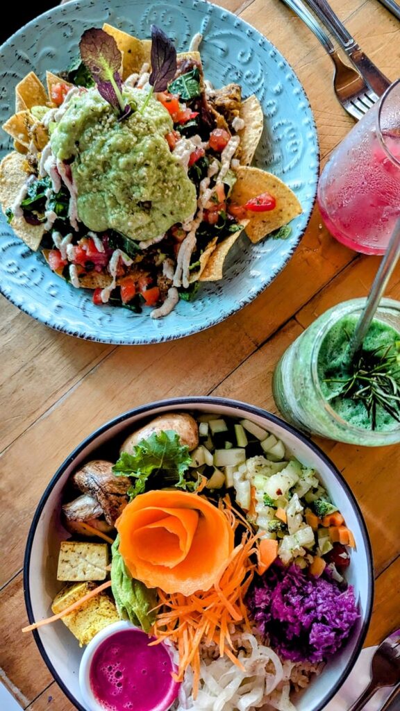 overhead shot of two colorful vegan dishes at organico fortuna in la fortuna costa rica