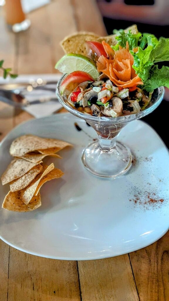 vegan mushroom ceviche in a martini glass at organico fortuna in la fortuna costa rica