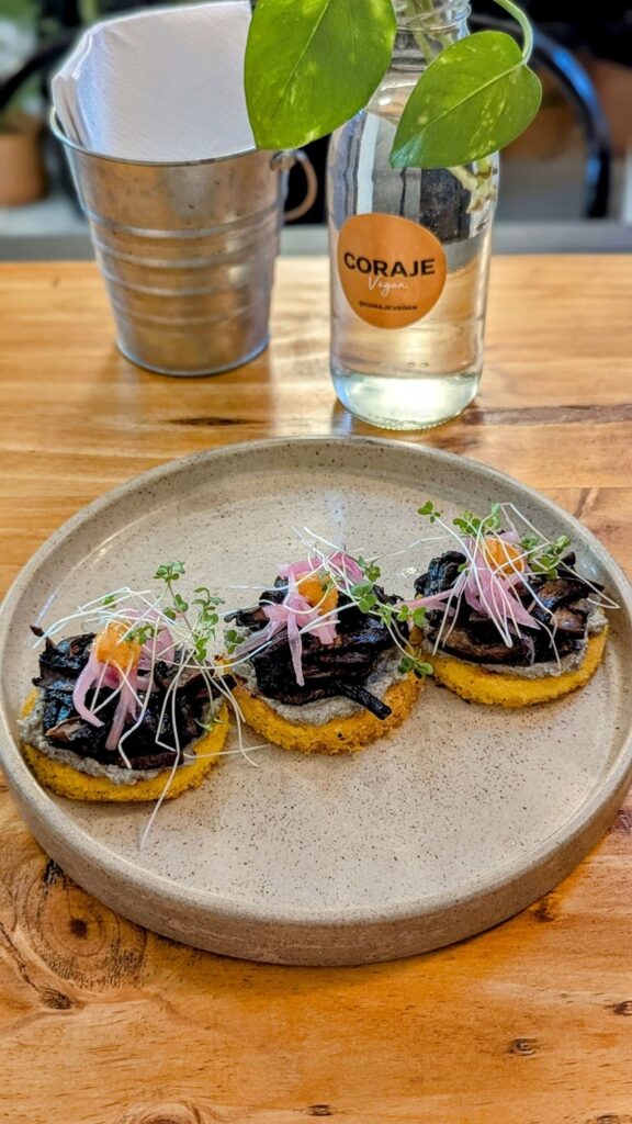 a round plate with three small arepas topped with eggplant and tofu ricotta  at coraje vegan in medellin