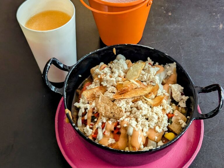 veganized Colombian stew topped with white vegan cheese and corn next to a cup of tomato juice at Maria Candela in Bogota