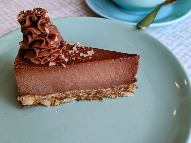 a single slice of dark chocolate vegan cake sitting on a robins egg blue plate