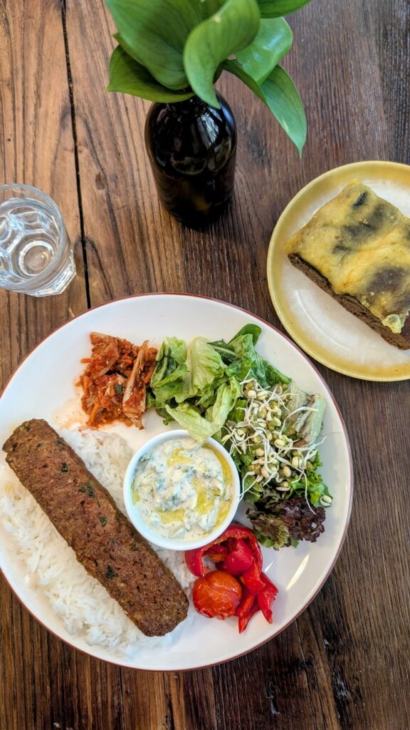 vegan turkish kebab on a bed of white rice with salad next to a square of dark brown bread covered in cheese at Vegan Dükkan Lokanta in istanbul