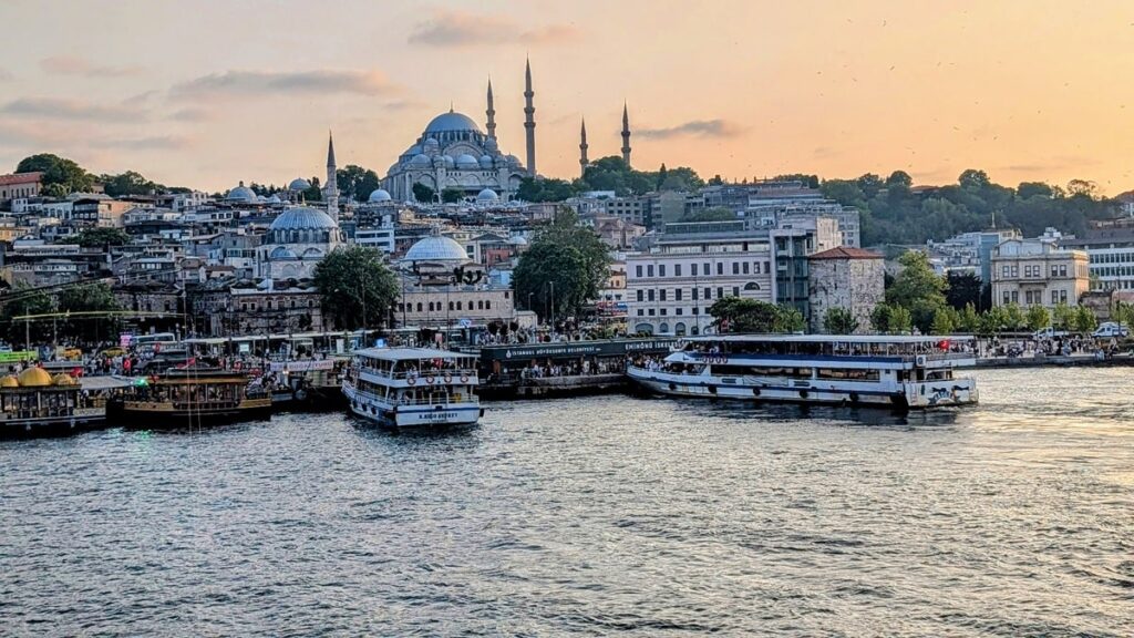 istanbul skyline at dusk with the blue mosque in the background