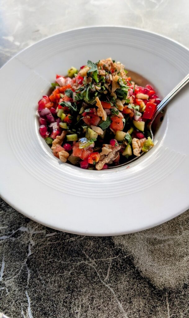 walnut and pomegranate salad in a white bowl at the Turkish restaurant Galeyan Restaurant 