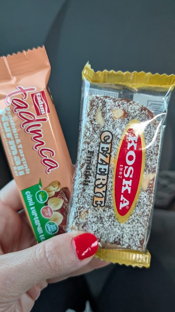 two vegan date based snacks found at a gas station in turkey