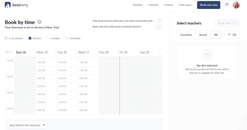 lesson calendar for the baselang language learning platform
