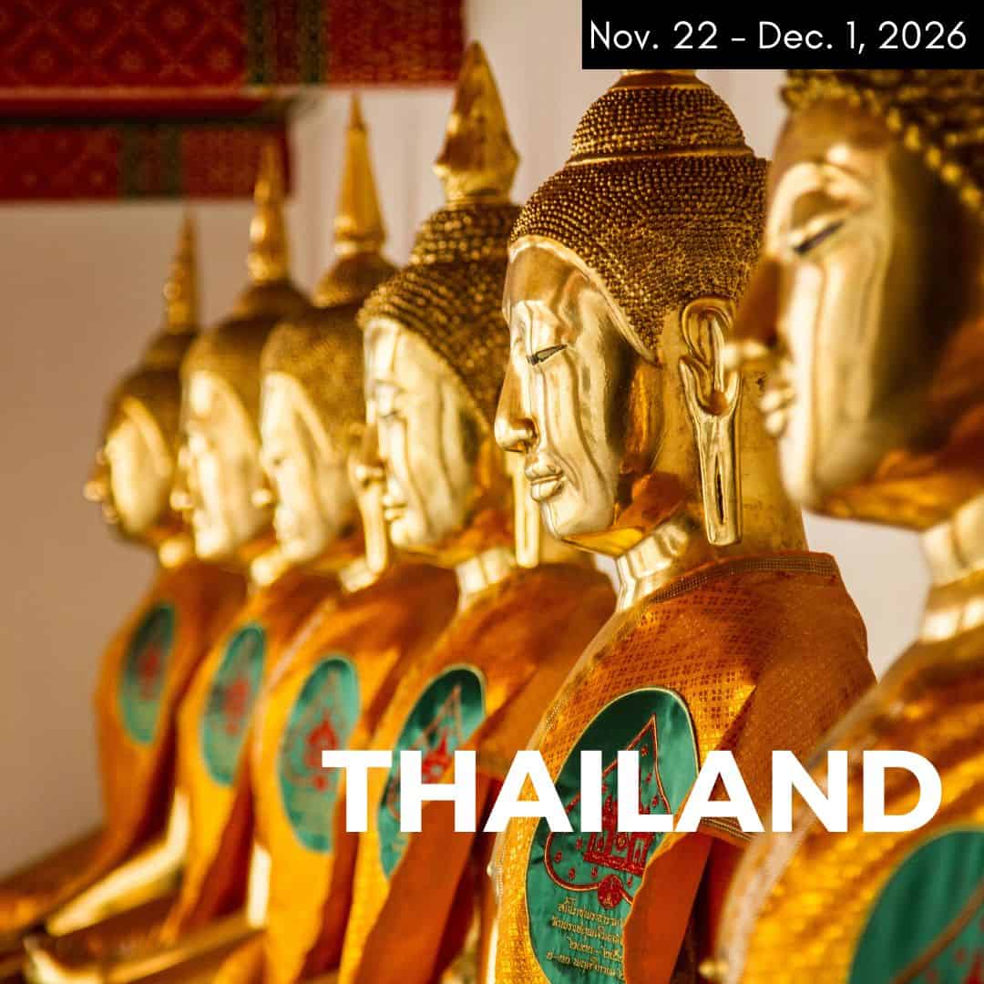 golden Buddha statues lined up in a row to promote a vegan tour to thailand