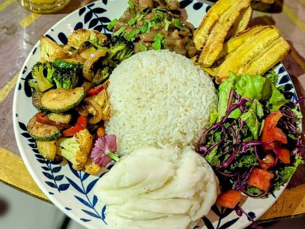 a large vegan bowl filled with plantains, potato, rice, veggies, and beans