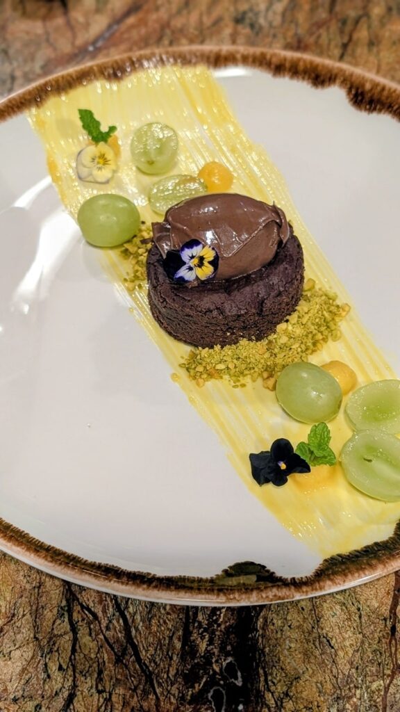 a small round vegan chocolate cake on a streak of yellow sauce with mixed fruit around it at Jardineiro in porto