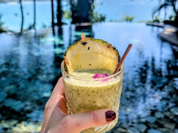 a beachy drink with a slice of pineapple held above an infinity pool in costa rica