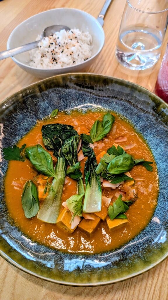 tofu curry with leaves of bok choy next to a little bowl of rice at daterra in baixa porto