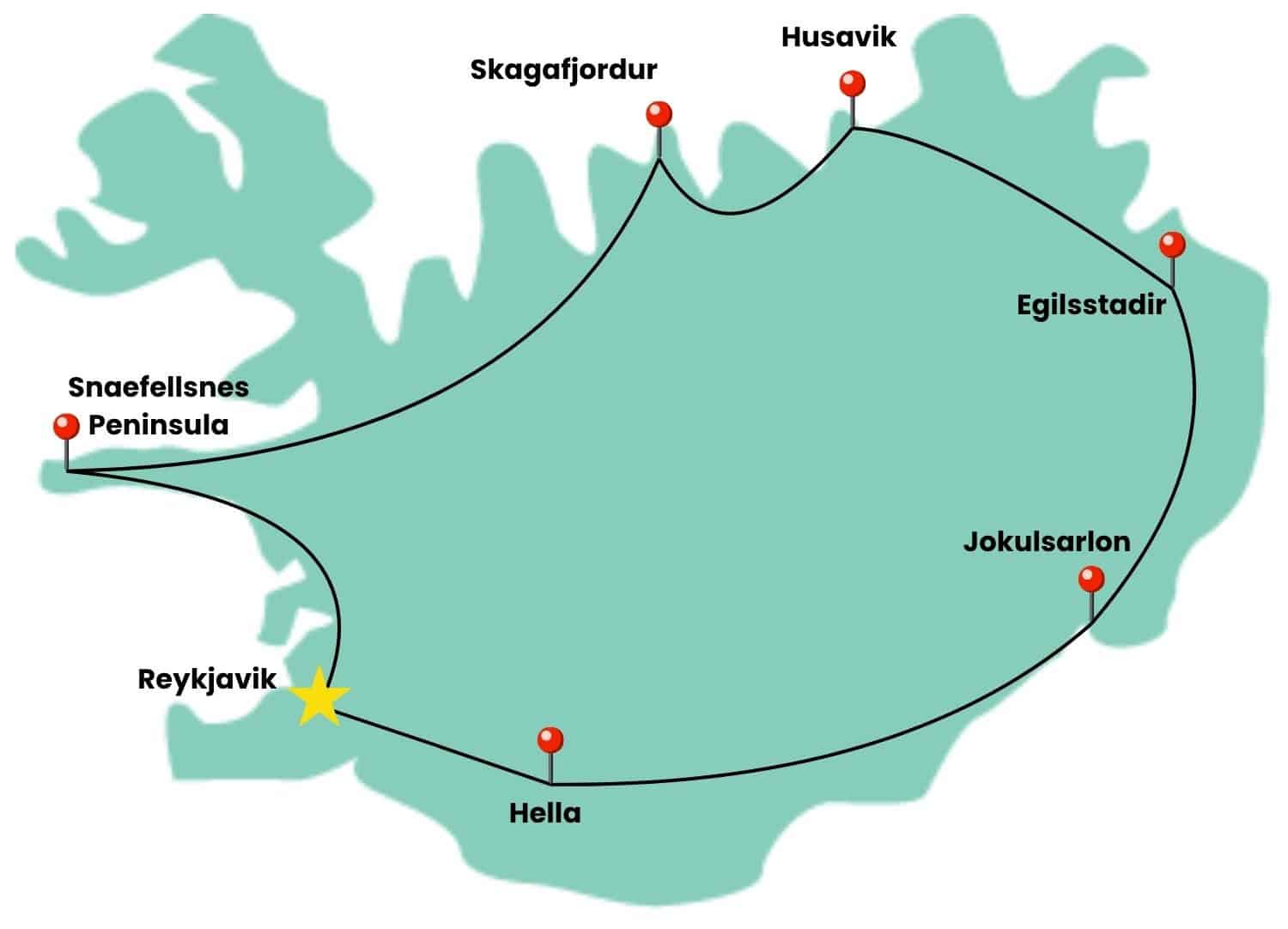 teal map of iceland with stops along the ring road for a vegan tour