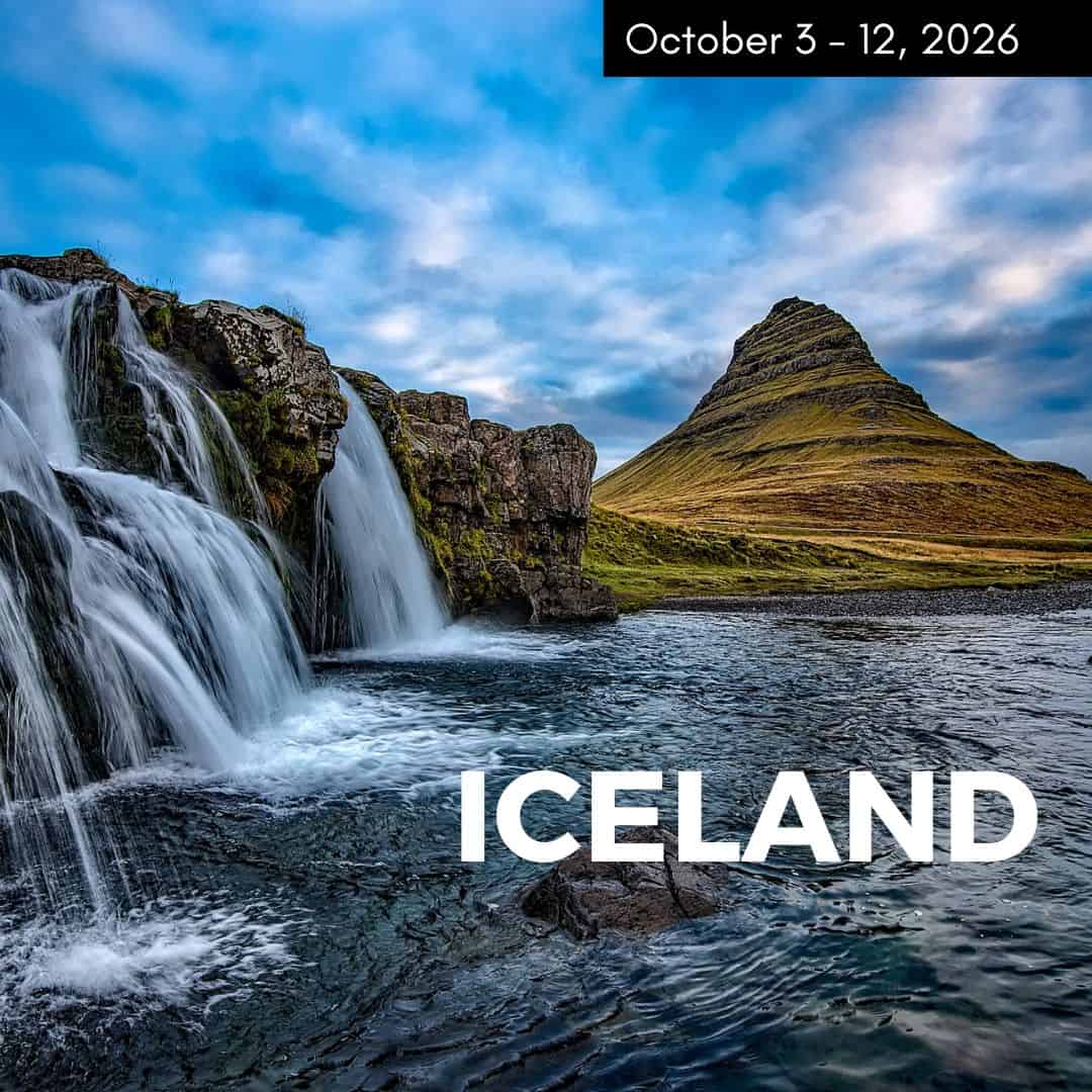 october 2026 promo for iceland vegan tour showing waterfalls and a small green and brown mountain