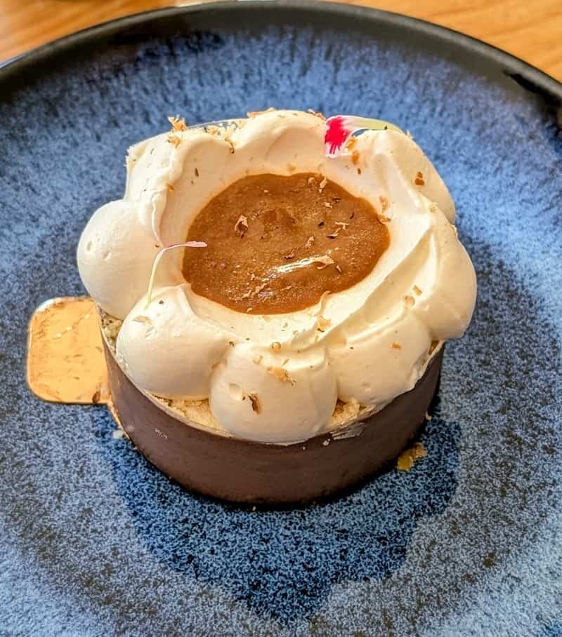 a small round, chocolate vegan mousse cake topped with vanilla cream 