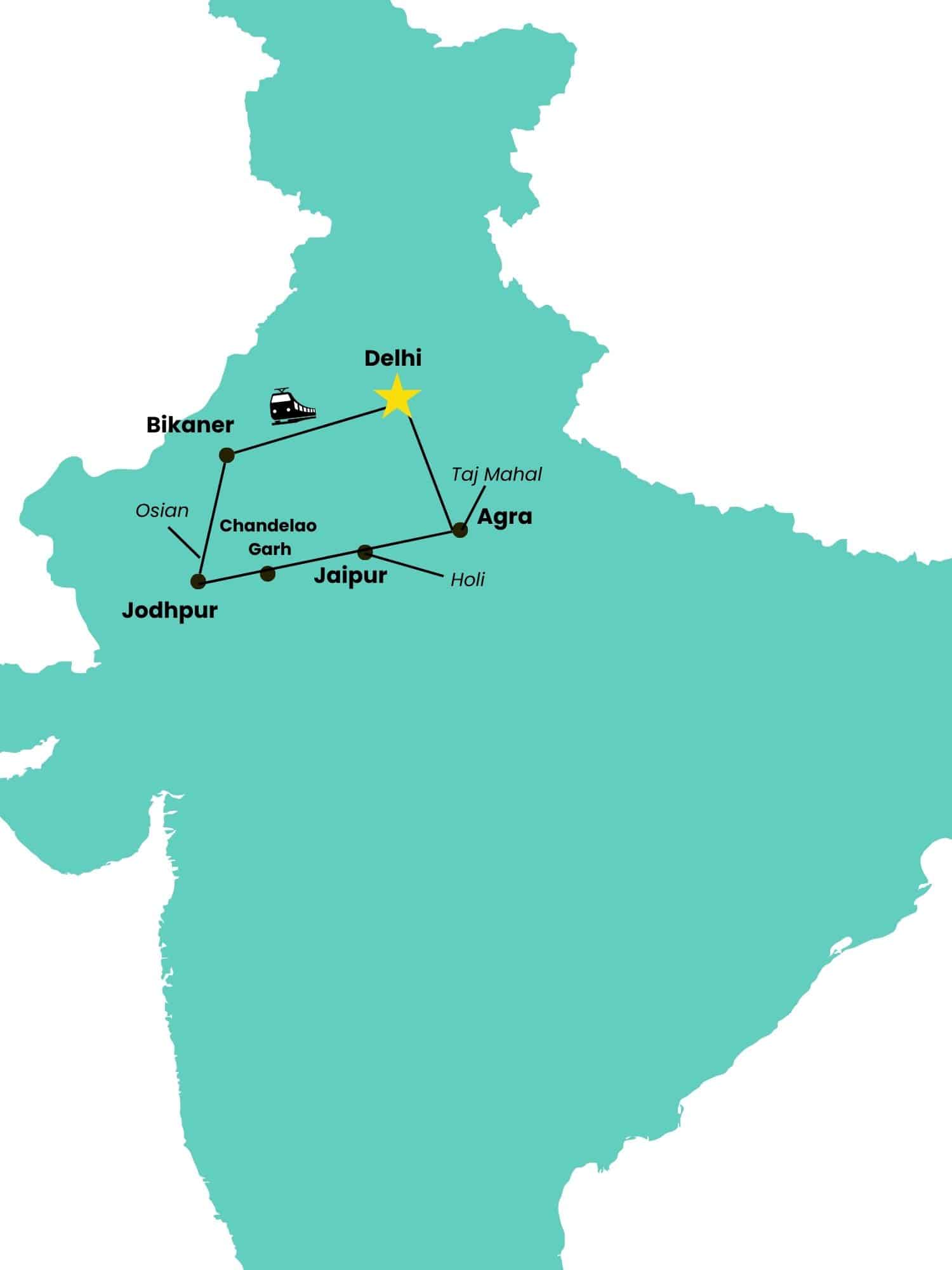 teal map of india showing the route for a vegan tour through india