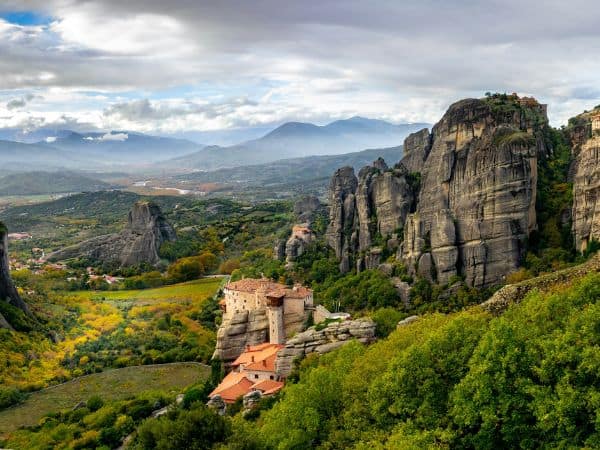 the monastery at meteora on a slightly cloudy day
