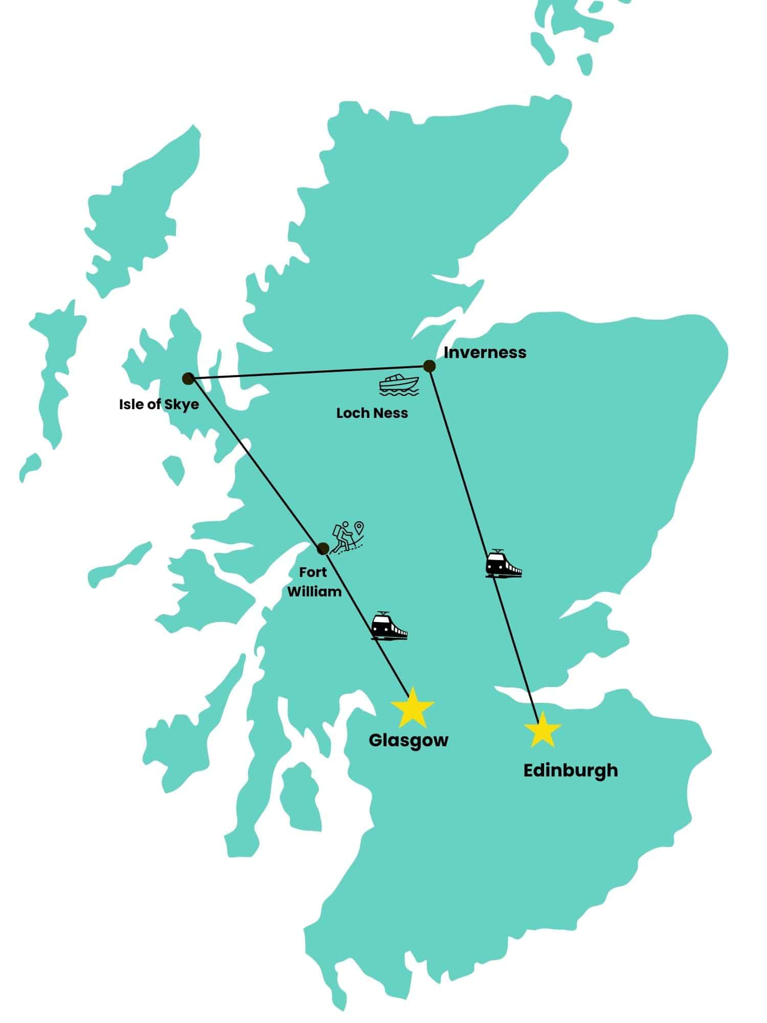 map of scotland laying out the points of sightseeing for a veggies abroad vegan tour