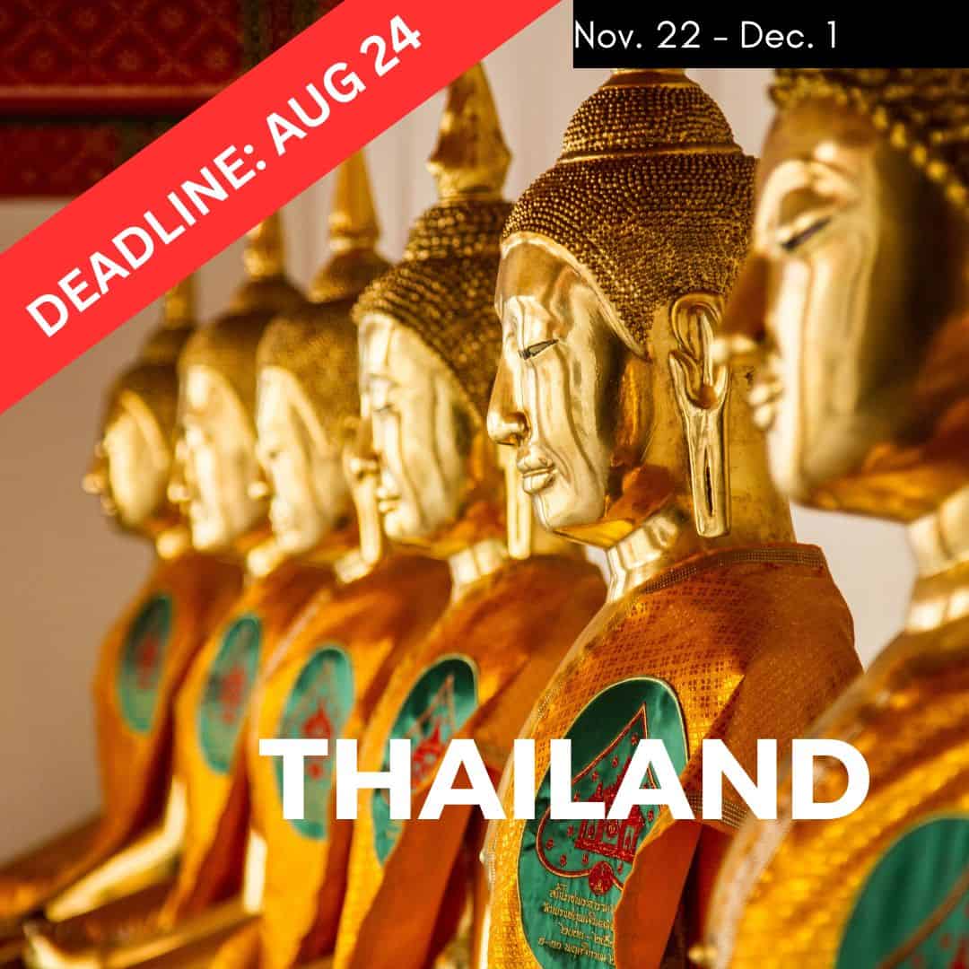 golden buddhas lined up in the grand palace in thailand