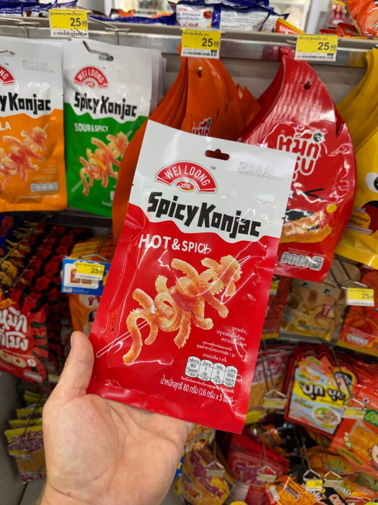 Konjac-based imitation squid snacks are completely vegan, impressively textured, and a fun find.