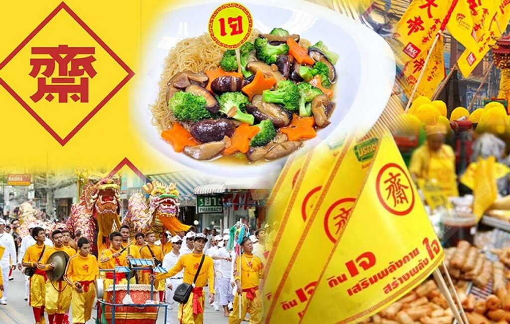 yellow and red flags signaling thailand's jay traditions during the country's vegan festival
