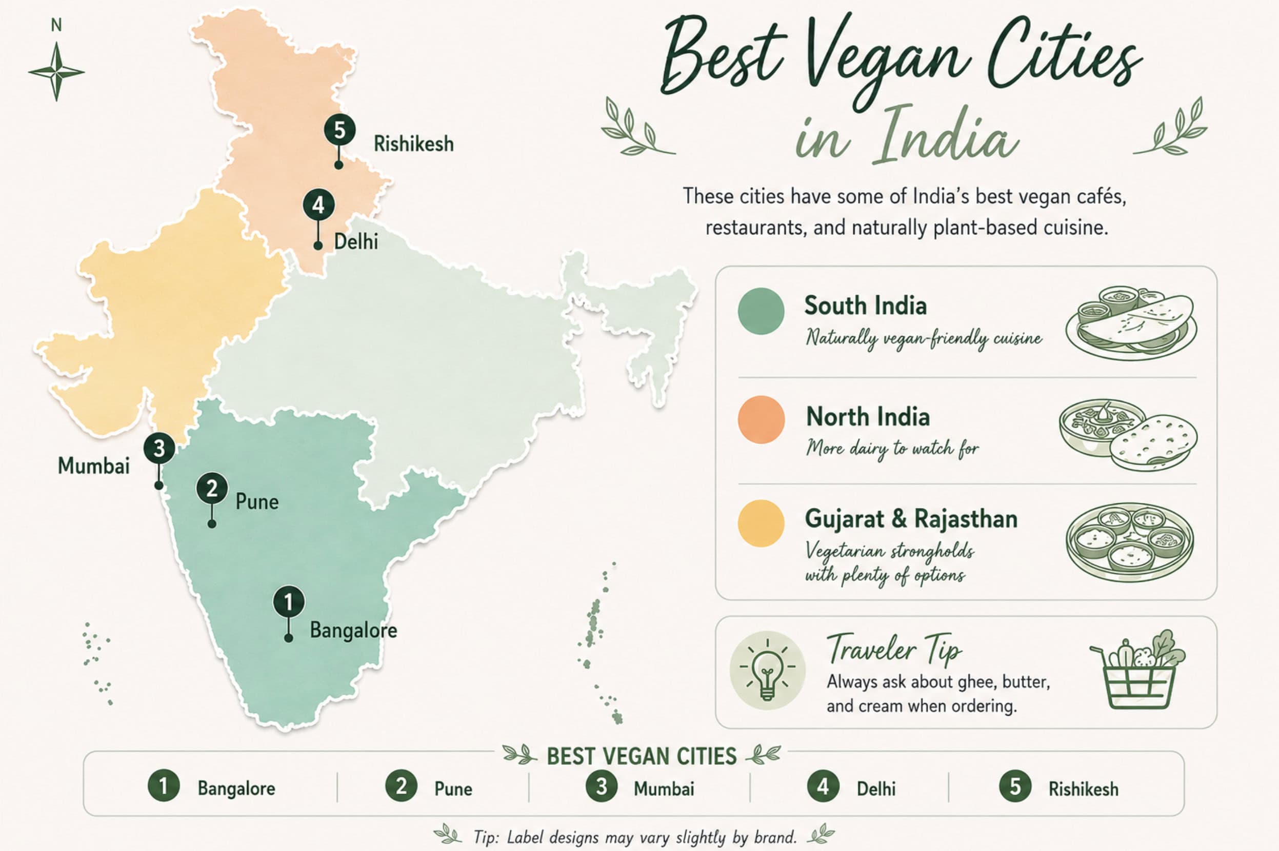 Illustrated map of India highlighting the best vegan-friendly cities: Bangalore, Pune, Mumbai, Delhi, and Rishikesh. The map also shows which regions are easiest for vegan travelers, with South India highlighted as the most naturally vegan-friendly, North India as more dairy-heavy, and Gujarat and Rajasthan as vegetarian strongholds with many vegan-friendly options.
