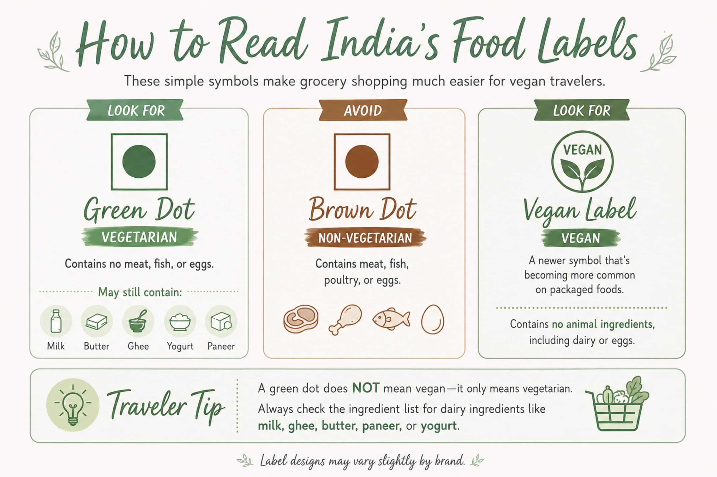 Infographic explaining India's food labeling system. A green dot indicates vegetarian food, a brown dot indicates non-vegetarian food, and a green "Vegan" logo identifies certified vegan products. The graphic notes that restaurant menus may not use these labels and reminds travelers to ask whether dishes contain ghee, butter, cream, or yogurt.