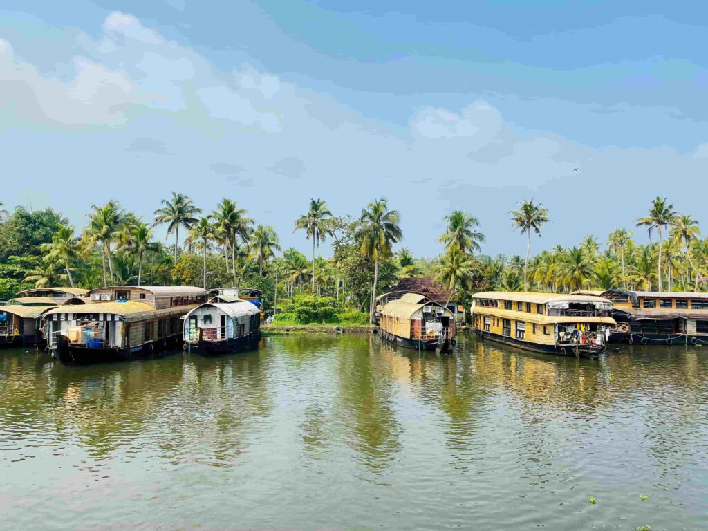 Traditional houseboats floating along the peaceful Kerala Backwaters, surrounded by lush palm trees in southern India.