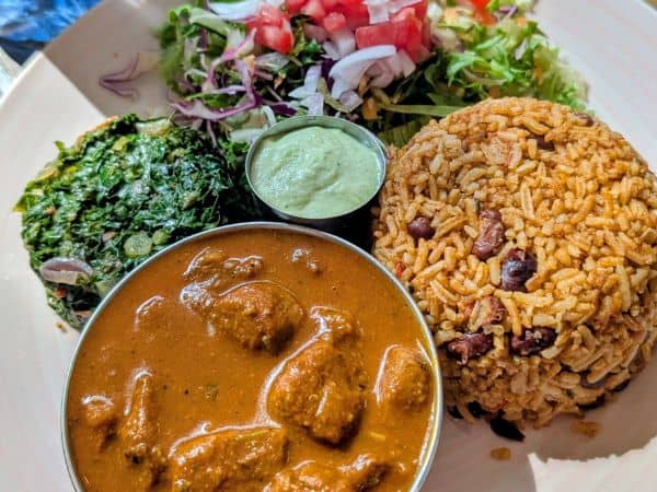 vegan rice beans, soy chunks and green salad from a vegan restaurant in nairobi
