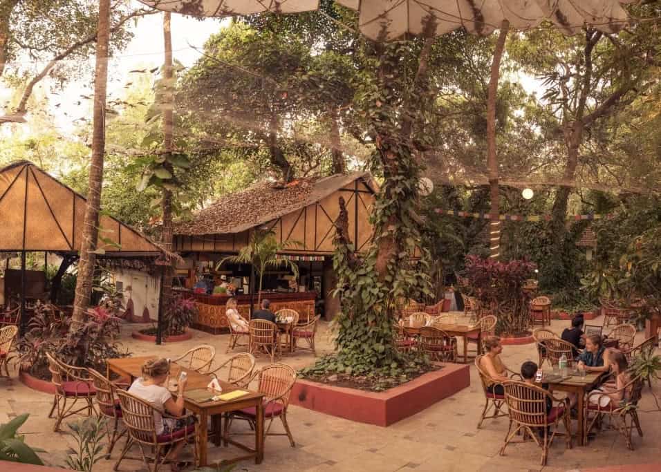 Outdoor garden dining area at Bean Me Up in Anjuna, Goa, surrounded by tropical trees and plants