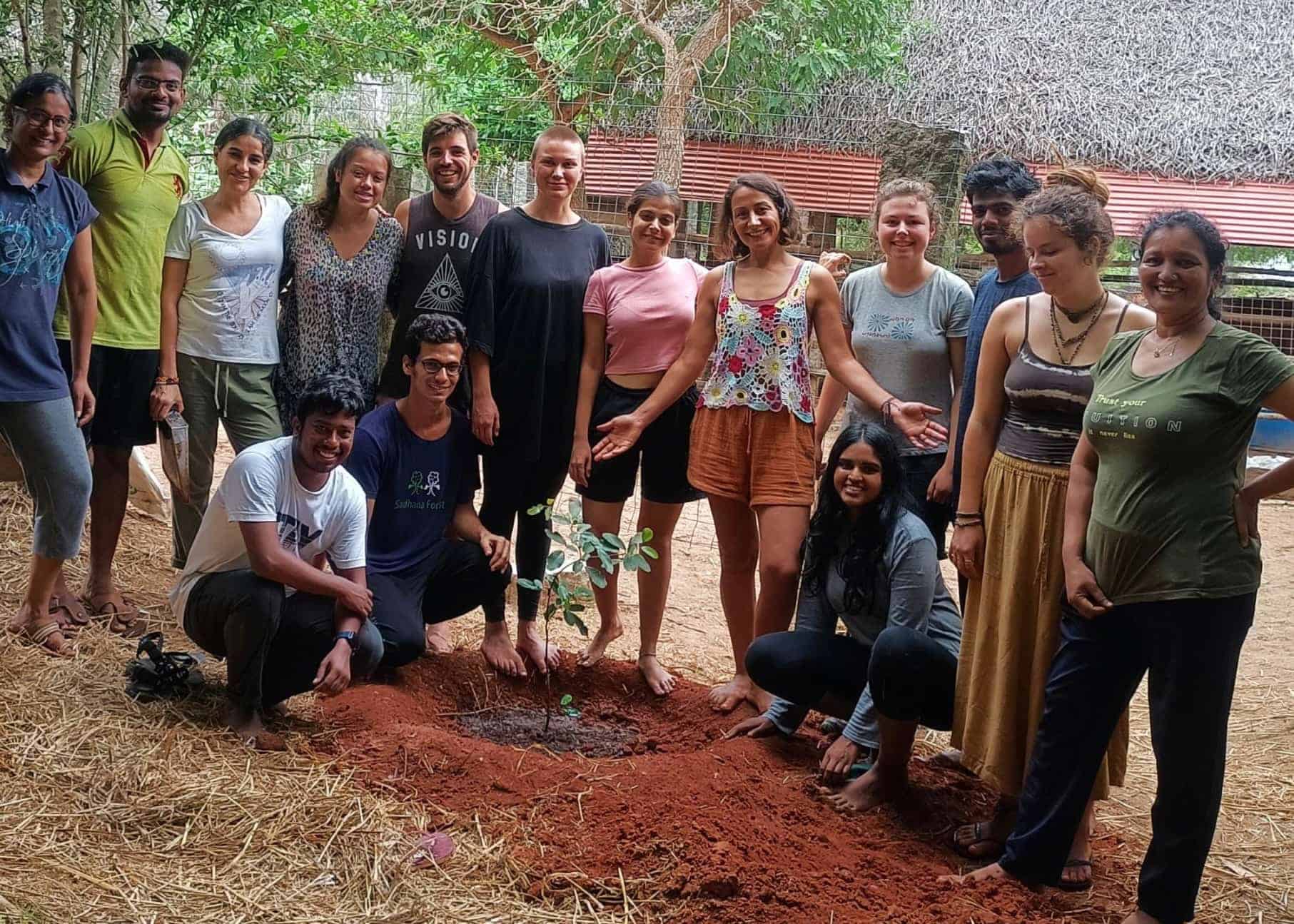 Group of volunteers gathered around a newly planted tree at Sadhana Forest in Auroville, India